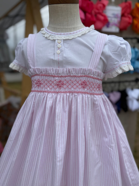 Pink striped overall smocked dress