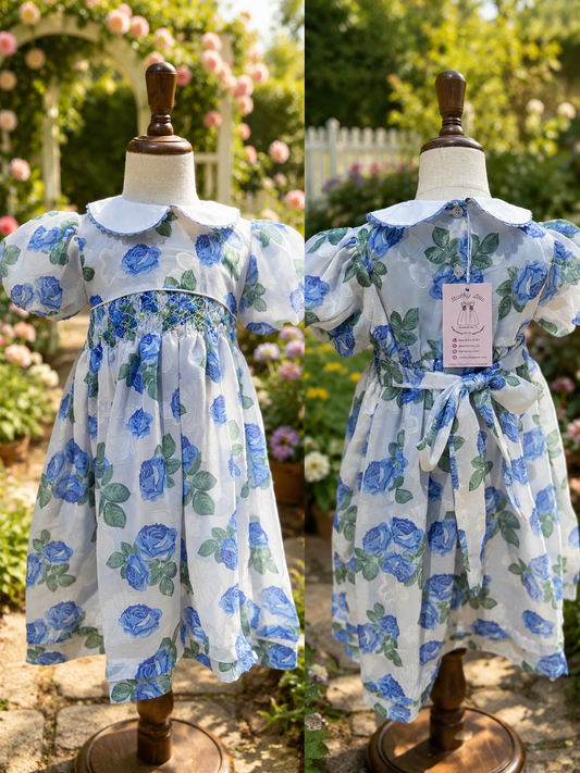 Sheer blue roses smocked dress