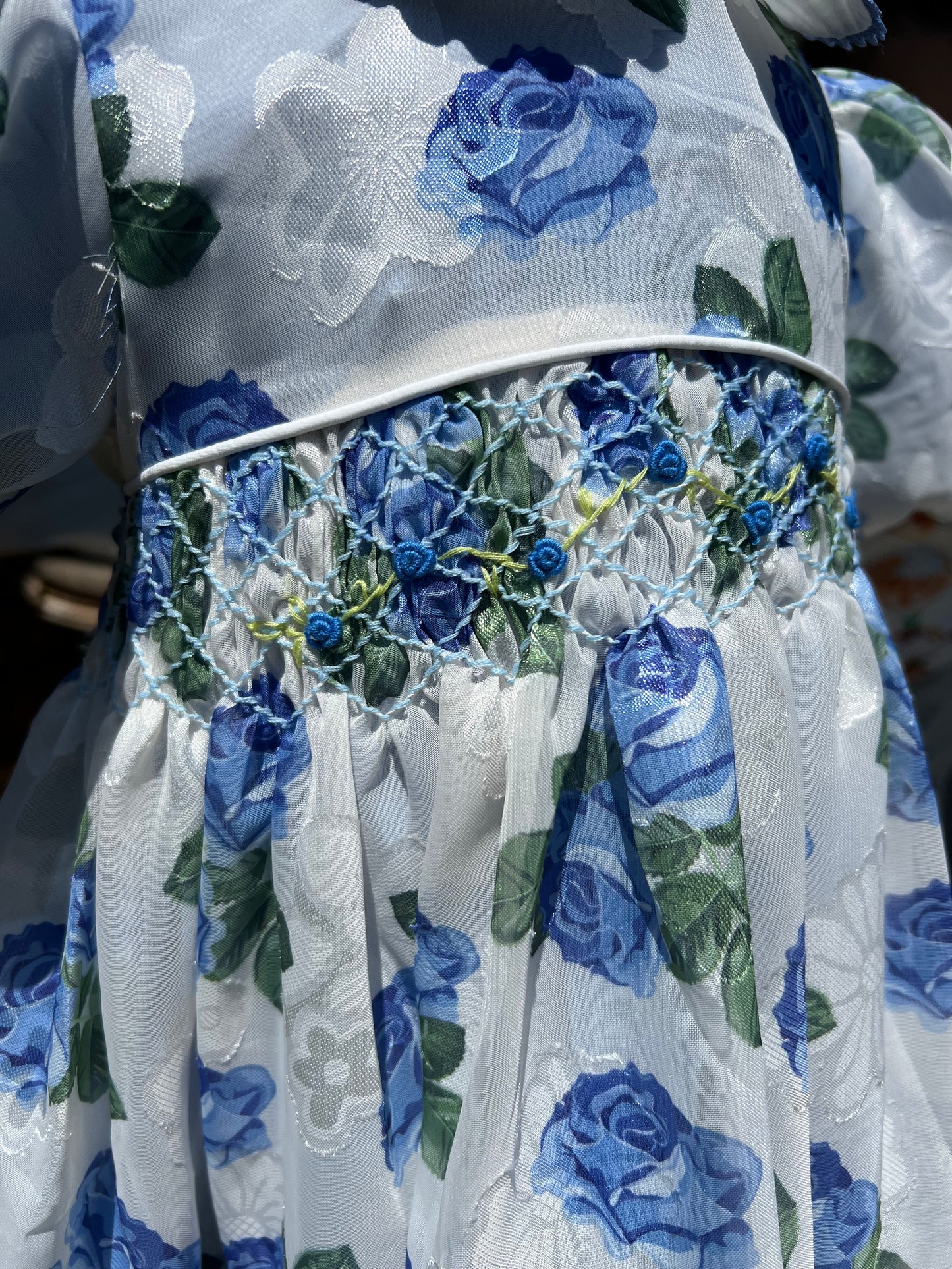 Sheer blue roses smocked dress