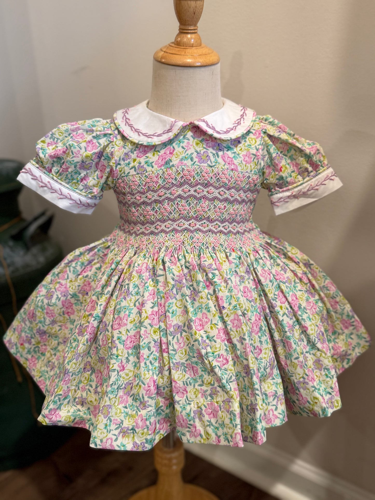 Green floral Fluffy Smocked dress w/bloomers