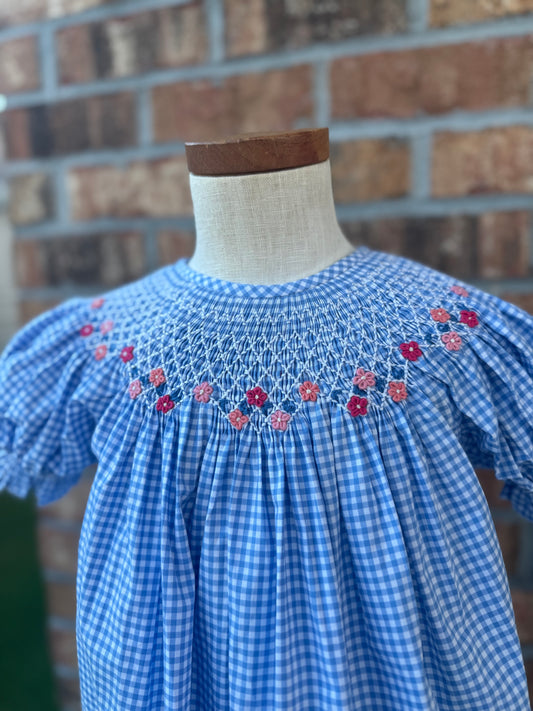 Blue gingham smocked dress
