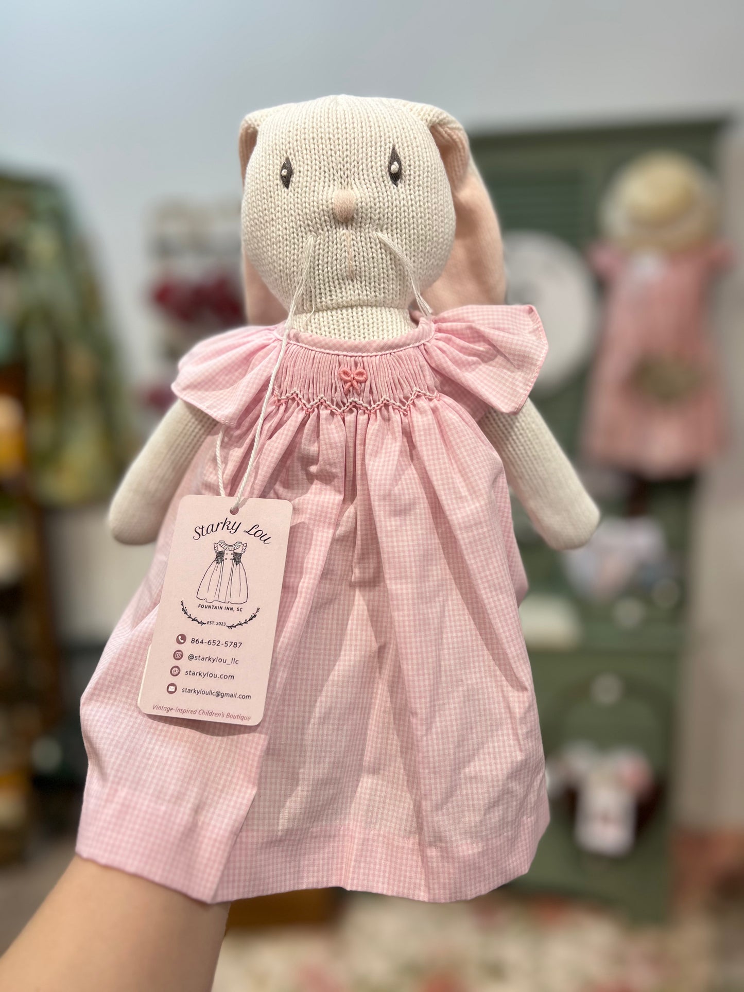 Knitted bunny with smocked dress