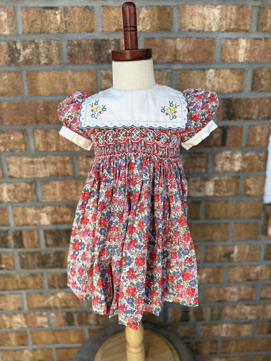 Floral Apron Collard Smocked Dress