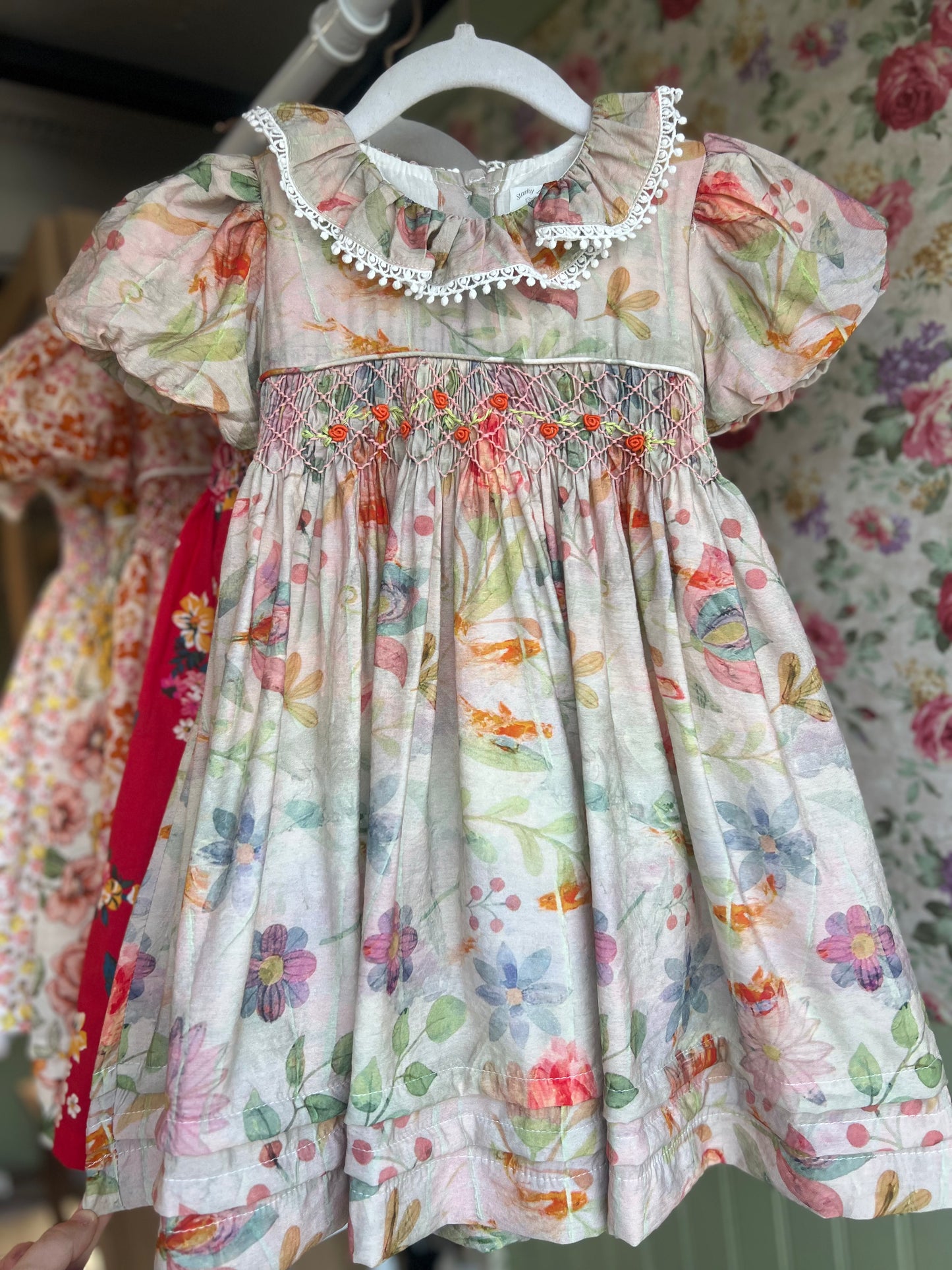 Rainbow Floral Sheer Smocked Dress